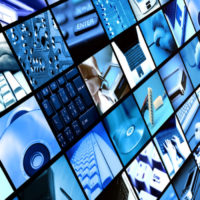 slanted angle wall of panels with technology images