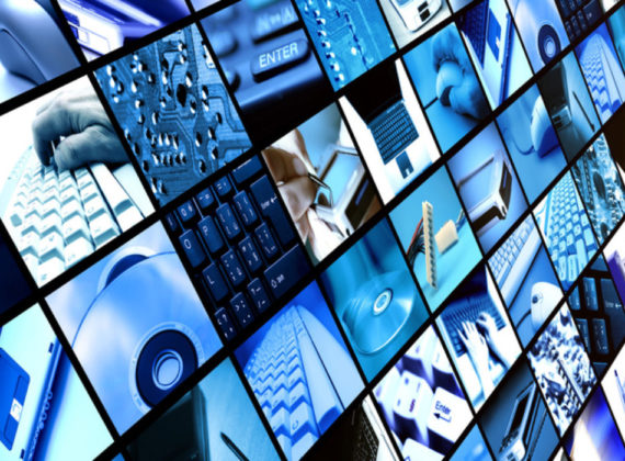 slanted angle wall of panels with technology images